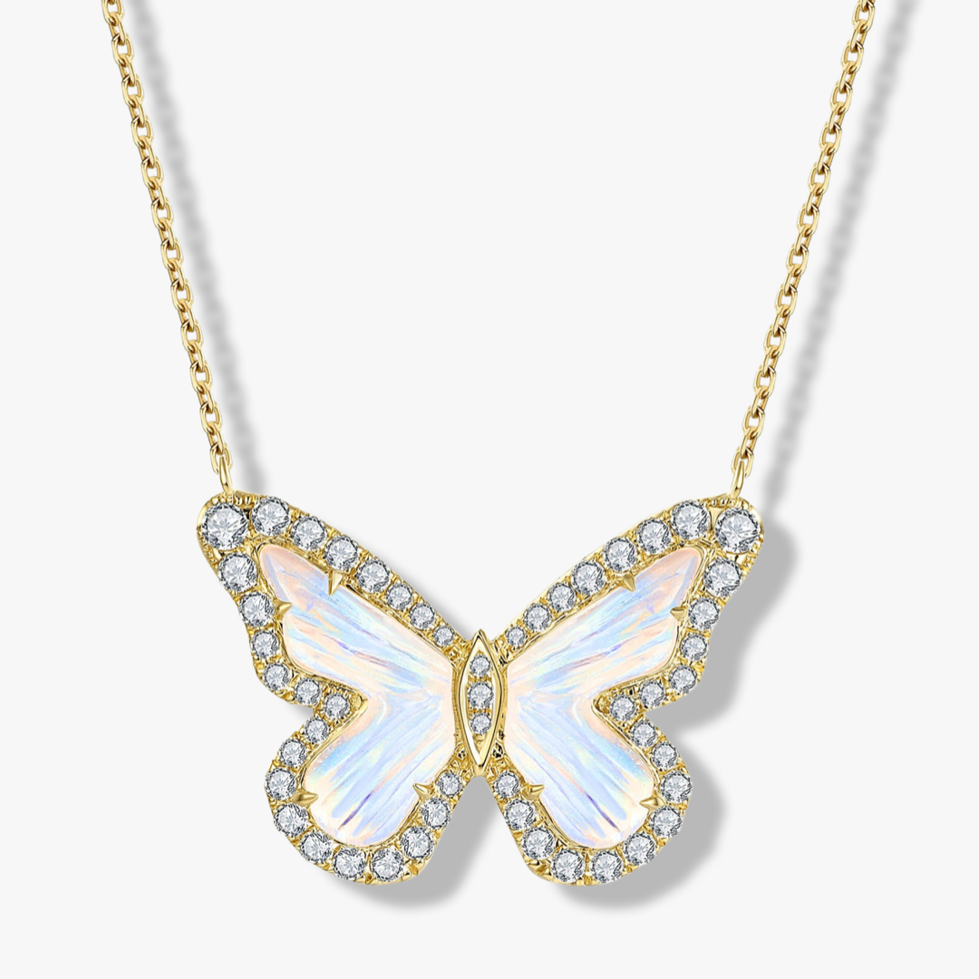 Butterfly Moonstone Pavé Diamond Necklace | Solid 14k - CELESTIAL