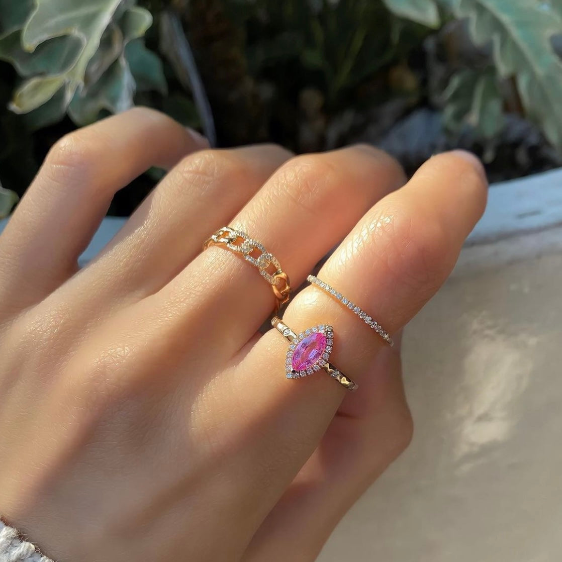 Marquise Pink Sapphire Pavé Diamond Ring  |  Solid 14k - CELESTIAL